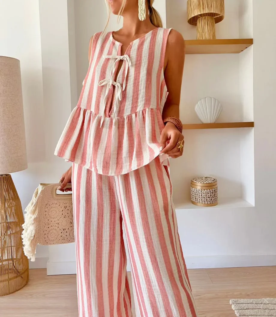 Tie Striped Vest Top Casual Pants Set - Image 14