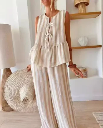 Tie Striped Vest Top Casual Pants Set
