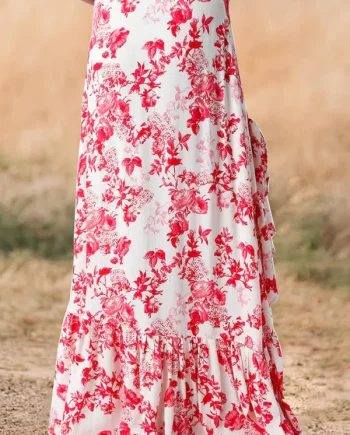 Southern Red Floral Print Ruffled Slit Maxi Skirt