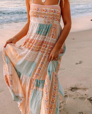 Multicolor Boho Patchwork Print Square Neck Sundress