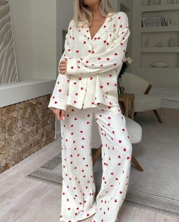Cute Heart Print Button Down Shirt Pajama Sets