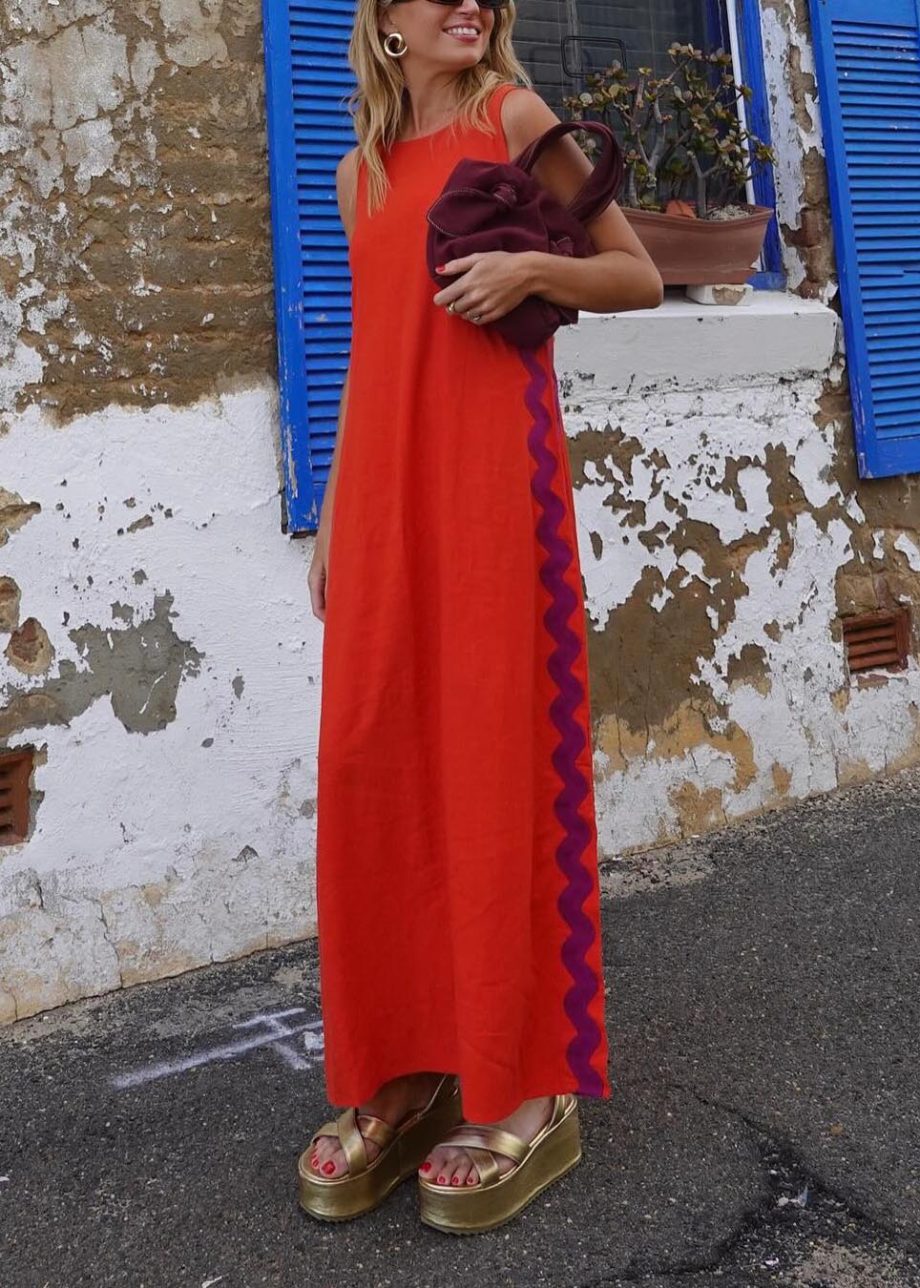 Casual vest solid color lace stitching long dress - Image 3