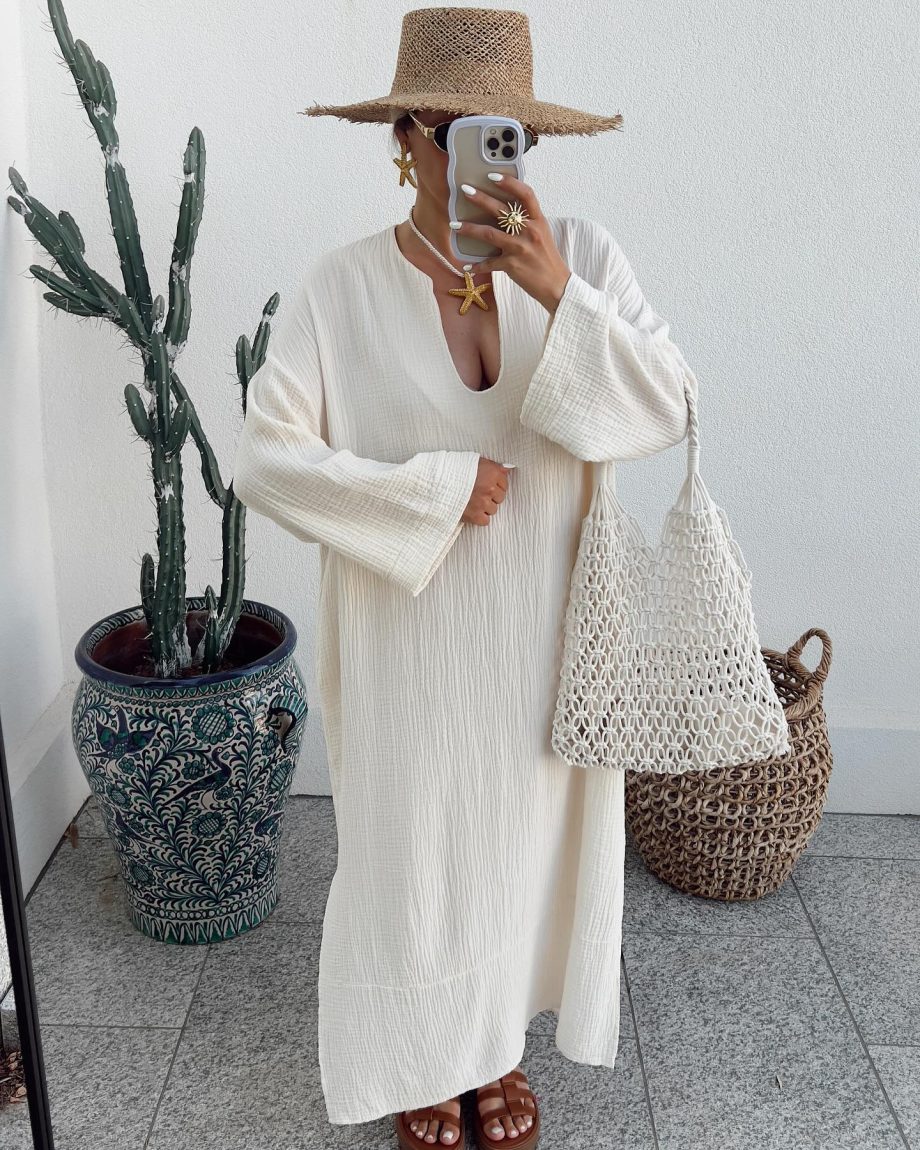Solid Color Long Sleeve Cotton and Linen Dress - Image 2