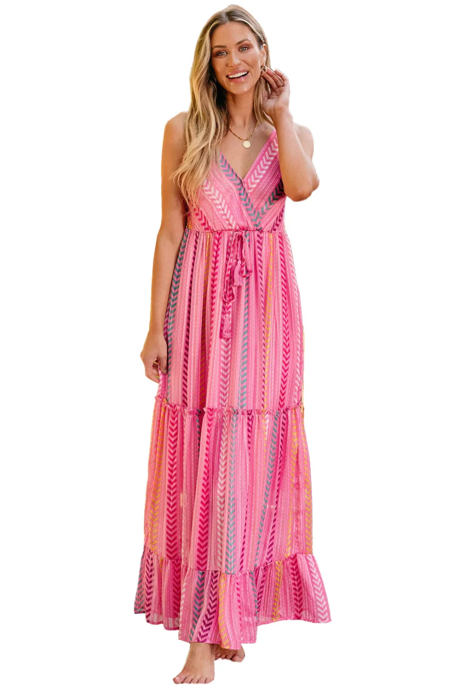Pink Western Printed Tassel Tie V Neck Wrap Maxi Dress - Image 20