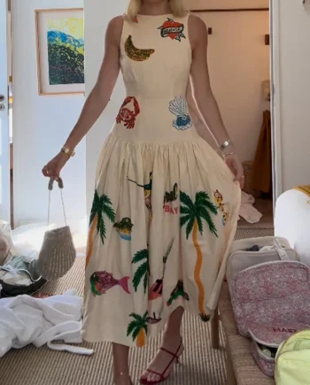Embroidered Printed Sleeveless Drop Waist Dress