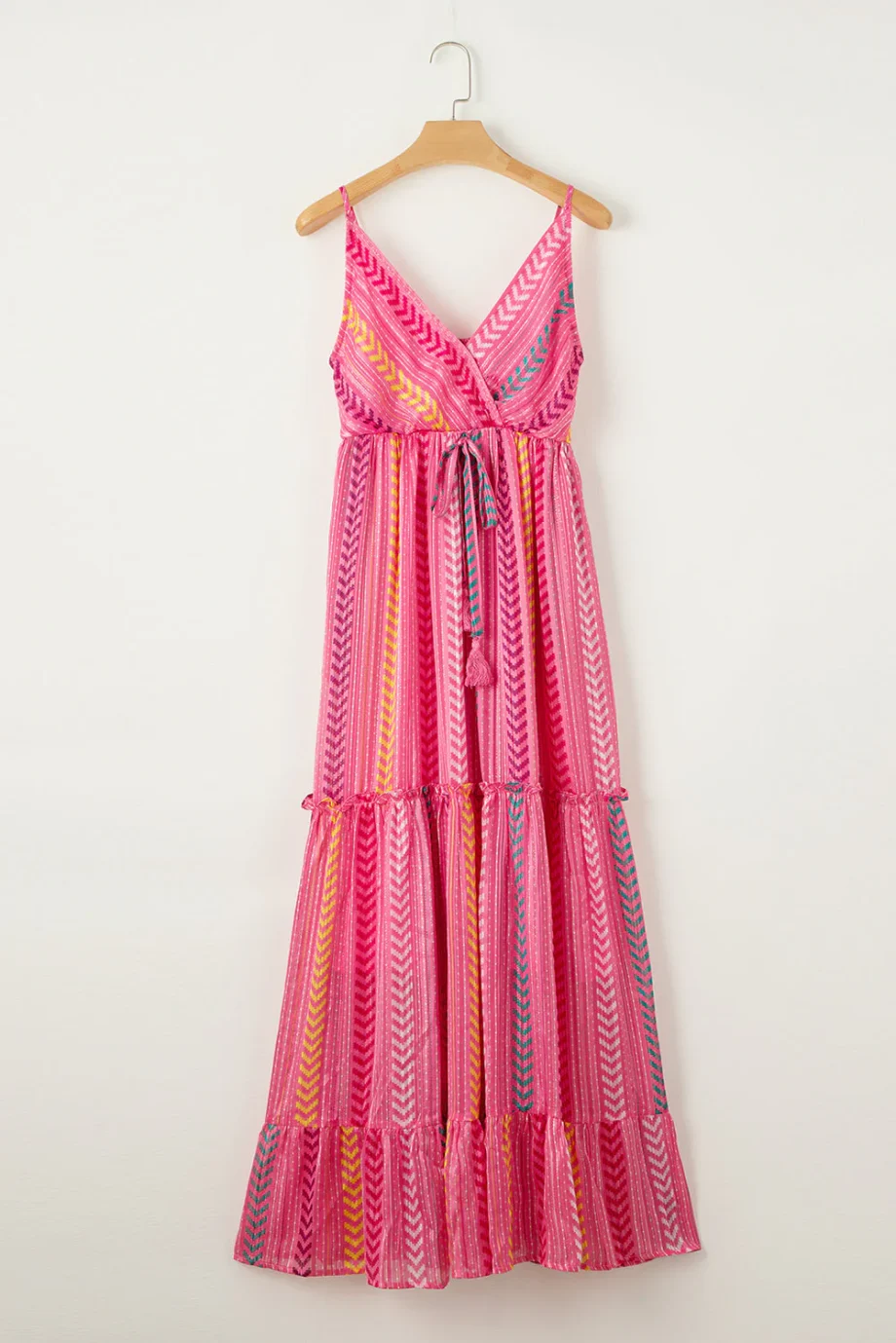 Pink Western Printed Tassel Tie V Neck Wrap Maxi Dress - Image 12