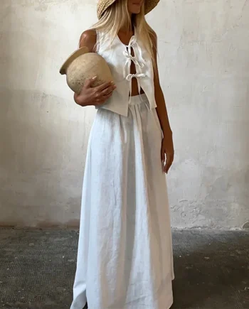 Women's Cotton and Linen Lace-up Sleeveless Vest Long Skirt Suit