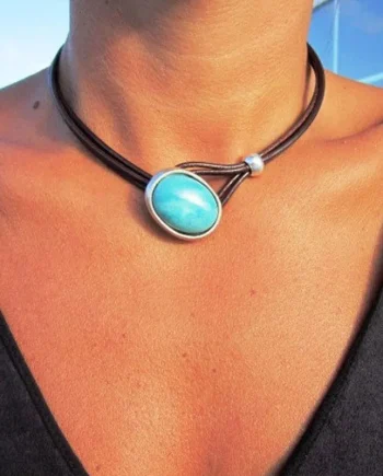 Vintage Leather Cord Turquoise Necklace