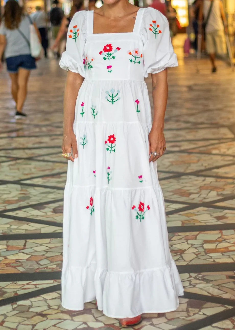 Floral Embroidery Square Neck Puff Sleeve Long Dress - Image 4