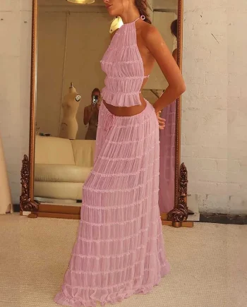 Open Back Hanging Neck Strap Pleated Lace Lace Lace Vest Long Skirt Set