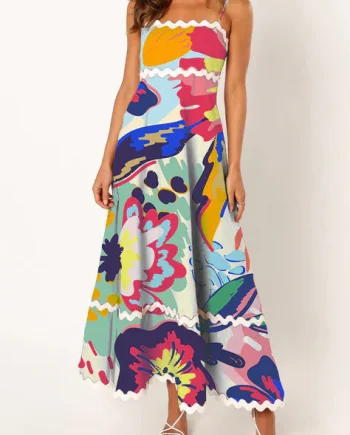Blue Floral Print Lace Stitching Elegant Strapless Maxi Dress