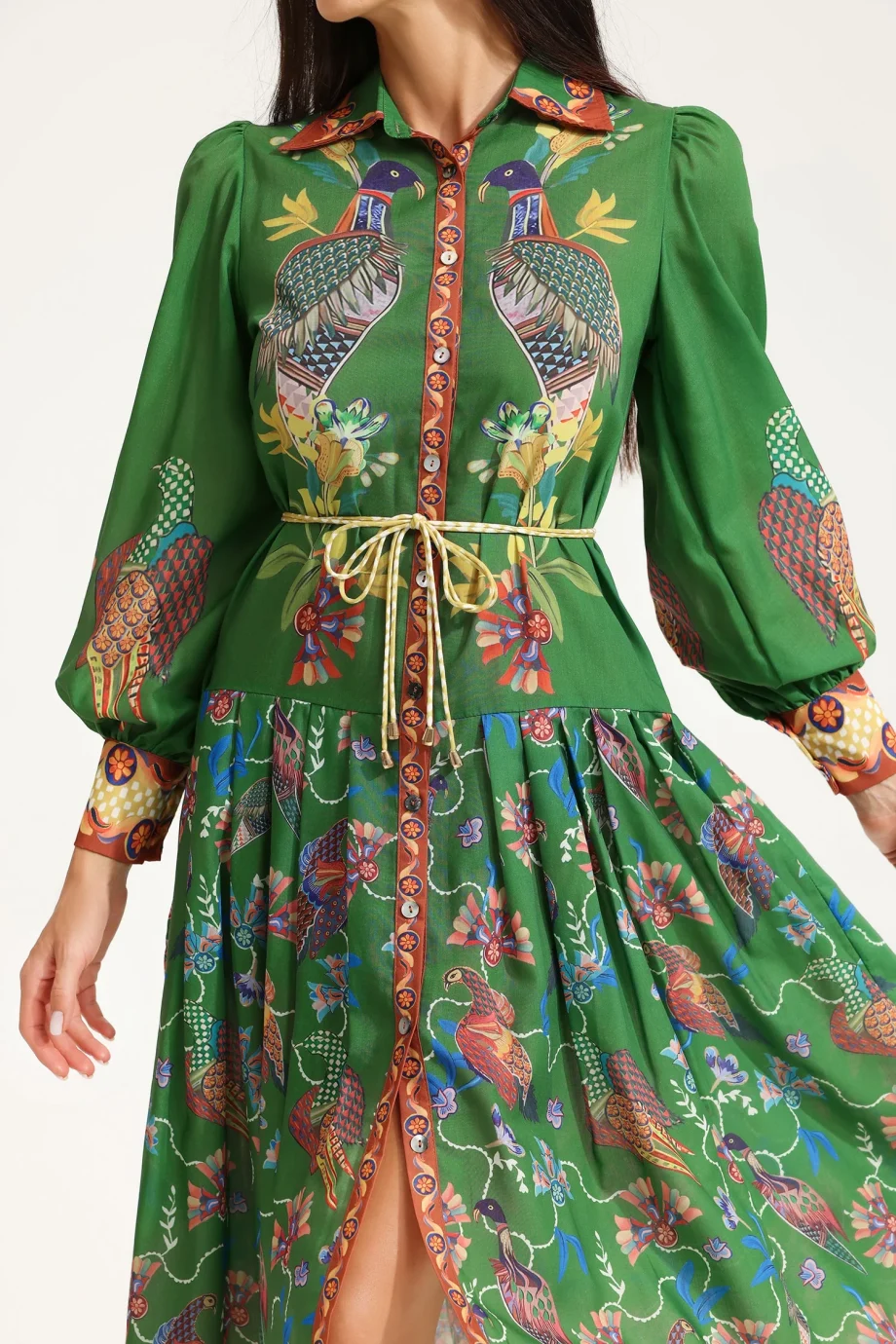 Lapel Lantern Sleeve Printed Large Hemline Long Dress - Image 7