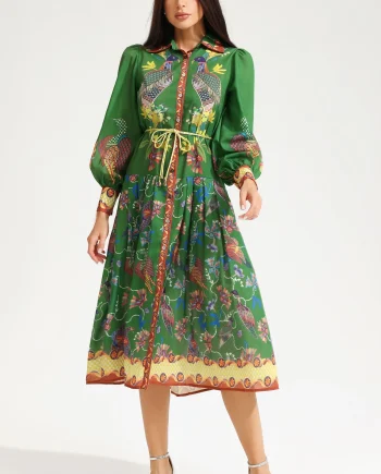 Lapel Lantern Sleeve Printed Large Hemline Long Dress