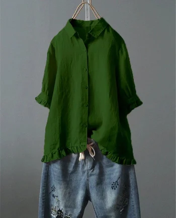 Solid Casual 3/4 Sleeve Turn-down Collar Tops