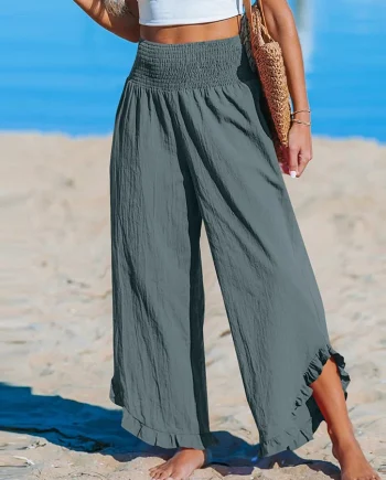 Women's High-Waist Pleated Irregular Hem Cotton And Linen Loose Casual Pants