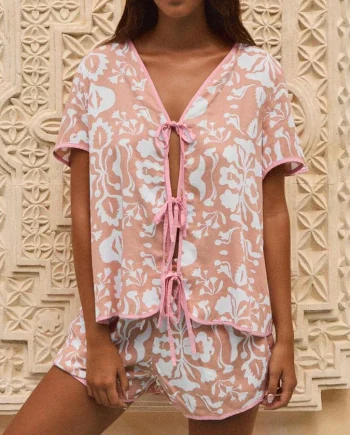 Abstract print lace-up short-sleeved shorts suit