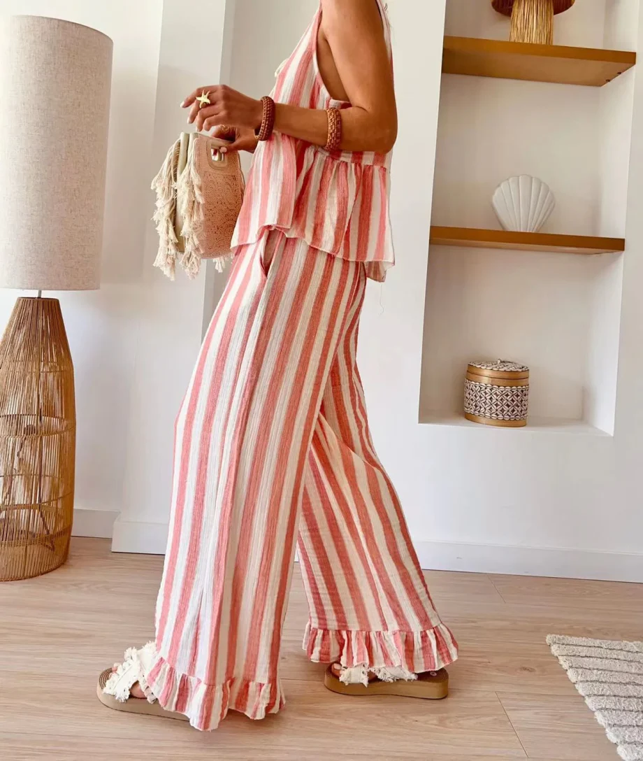 Tie Striped Vest Top Casual Pants Set - Image 15
