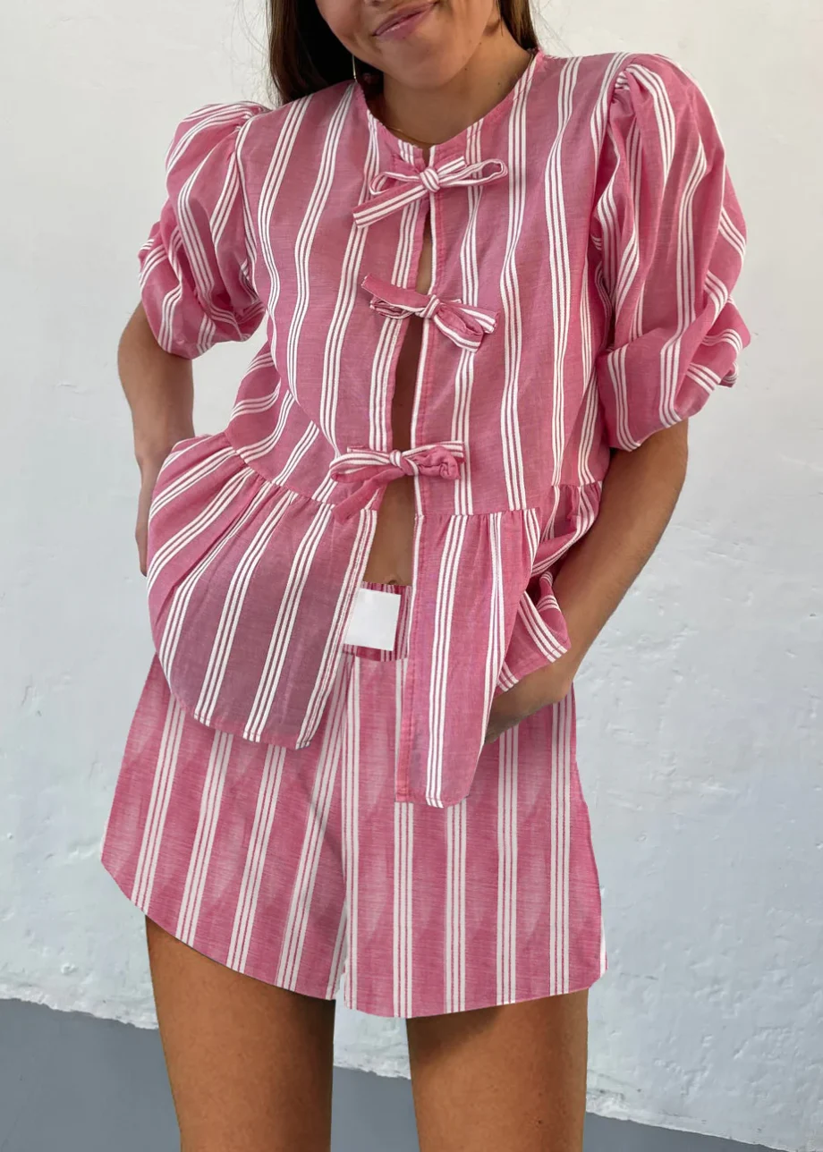 Women's Drawstring Striped Short Sleeve Shorts Set - Image 7