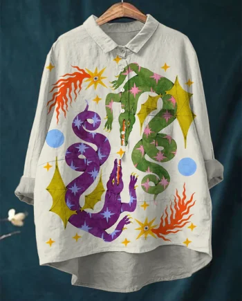 Purple Green Dragon Vintage Printed Linen Shirt