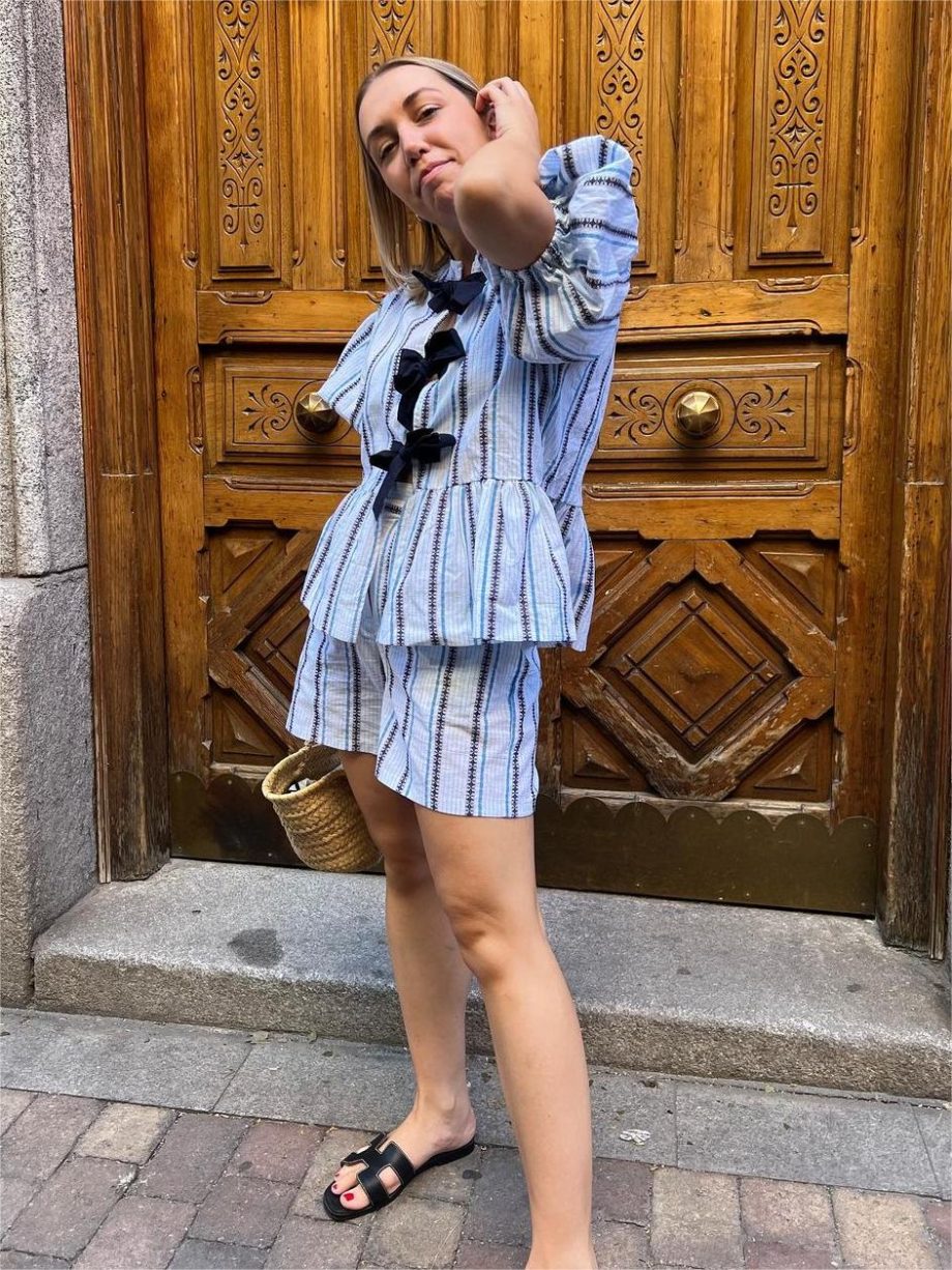 Blue Bow Striped Blouse Set - Image 6