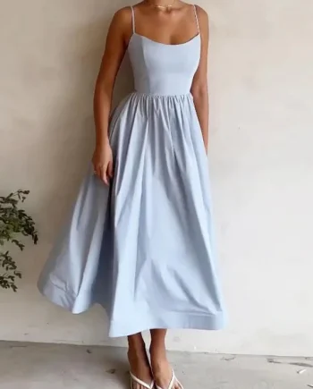 Solid color waist strappy swing dress
