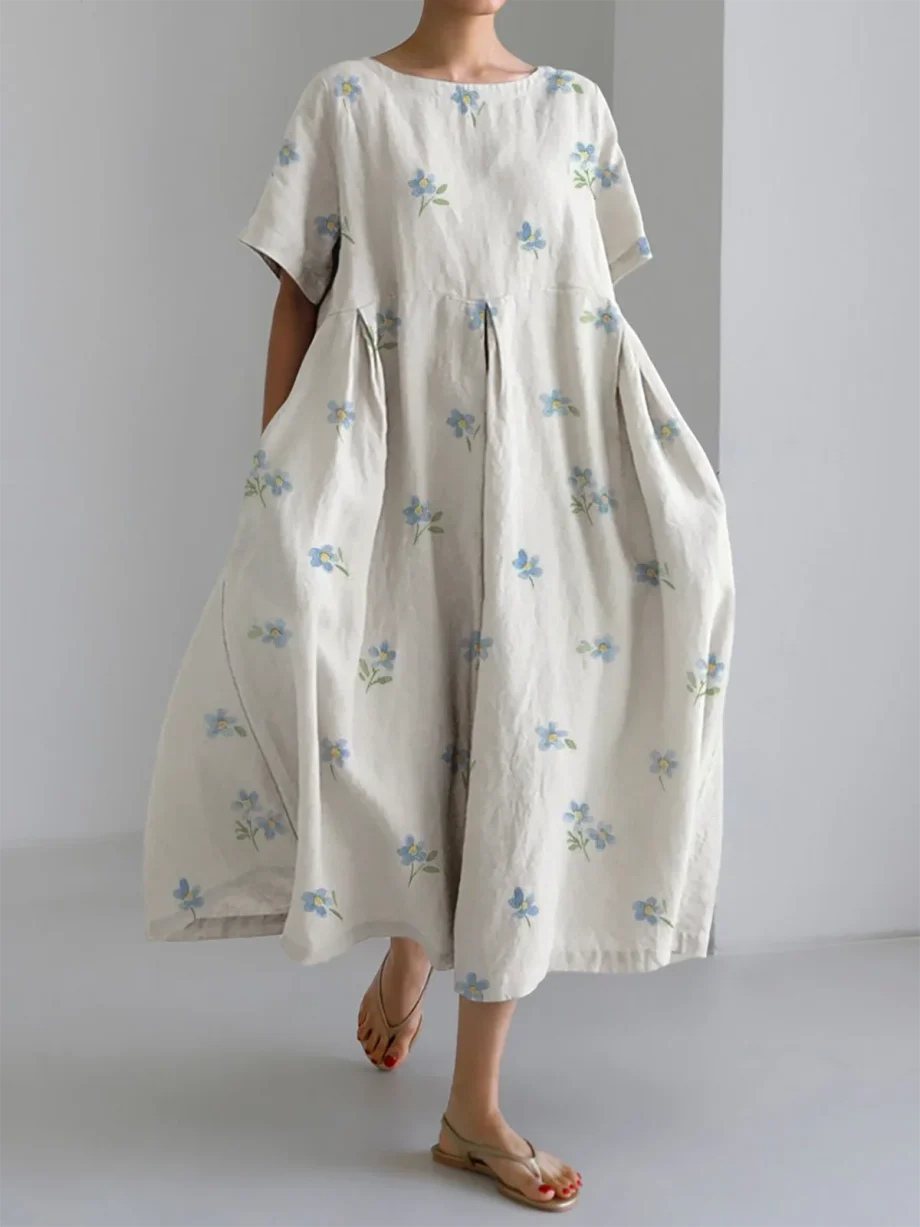 Women's Round Neck Short Sleeve Retro Floral Large Hem Dress Long Skirt - Image 2