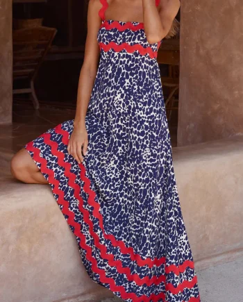 Polka Dot Print Lace Stitching Wave Suspender Maxi Dress