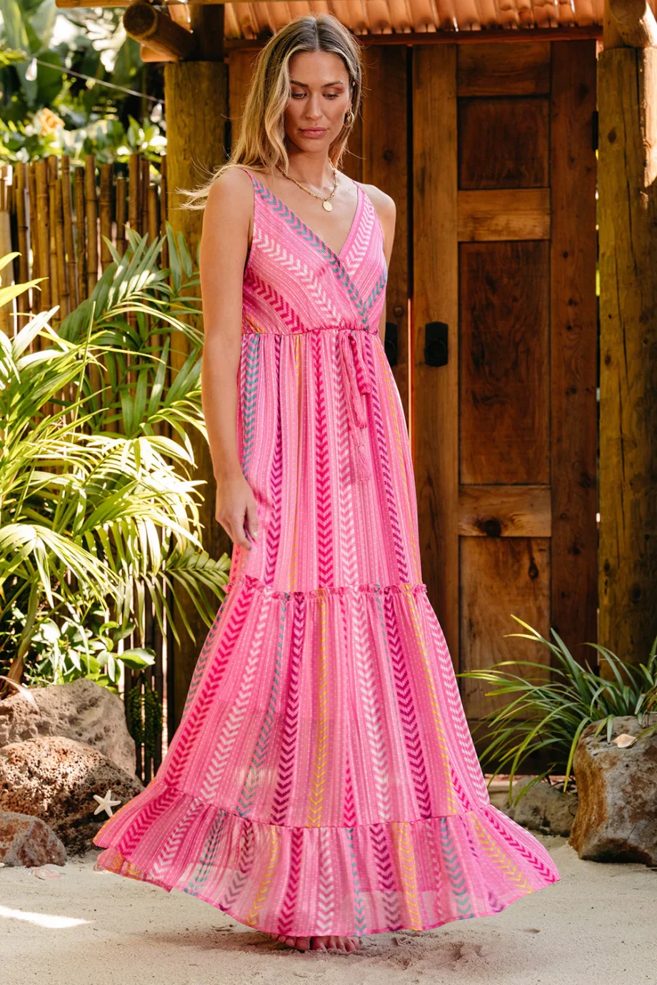 Pink Western Printed Tassel Tie V Neck Wrap Maxi Dress - Image 8
