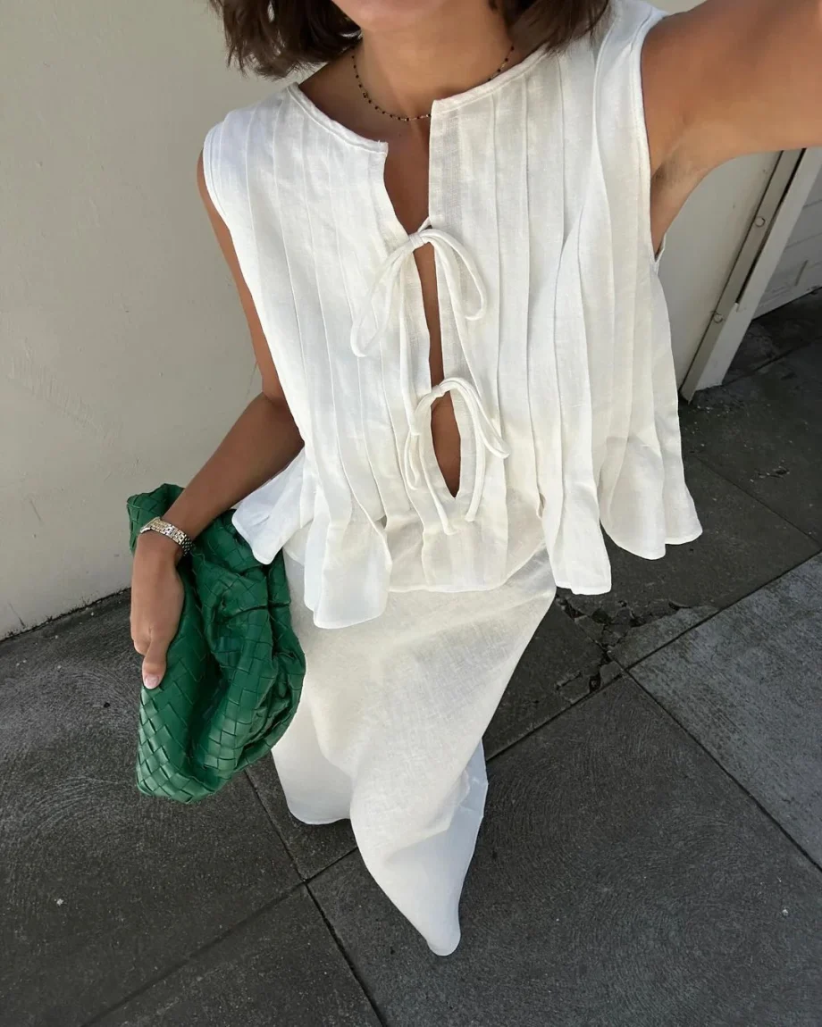 Cotton and Linen Sleeveless Tie-Strap Shirt Long Dress Set - Image 6