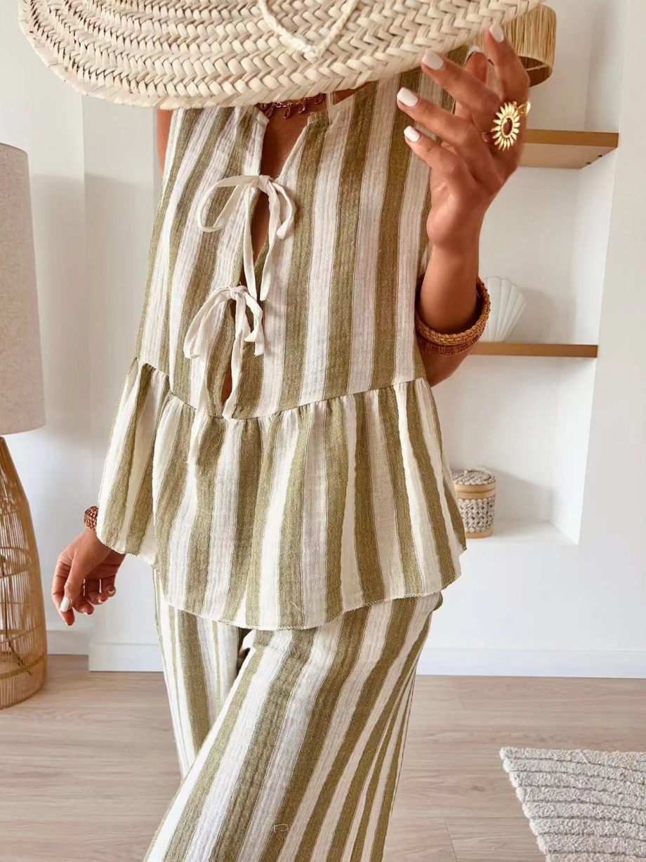Tie Striped Vest Top Casual Pants Set - Image 9
