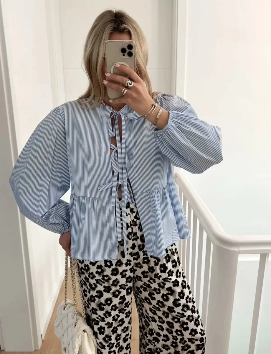 Women's Long Sleeve Tie Striped Shirt - Image 4