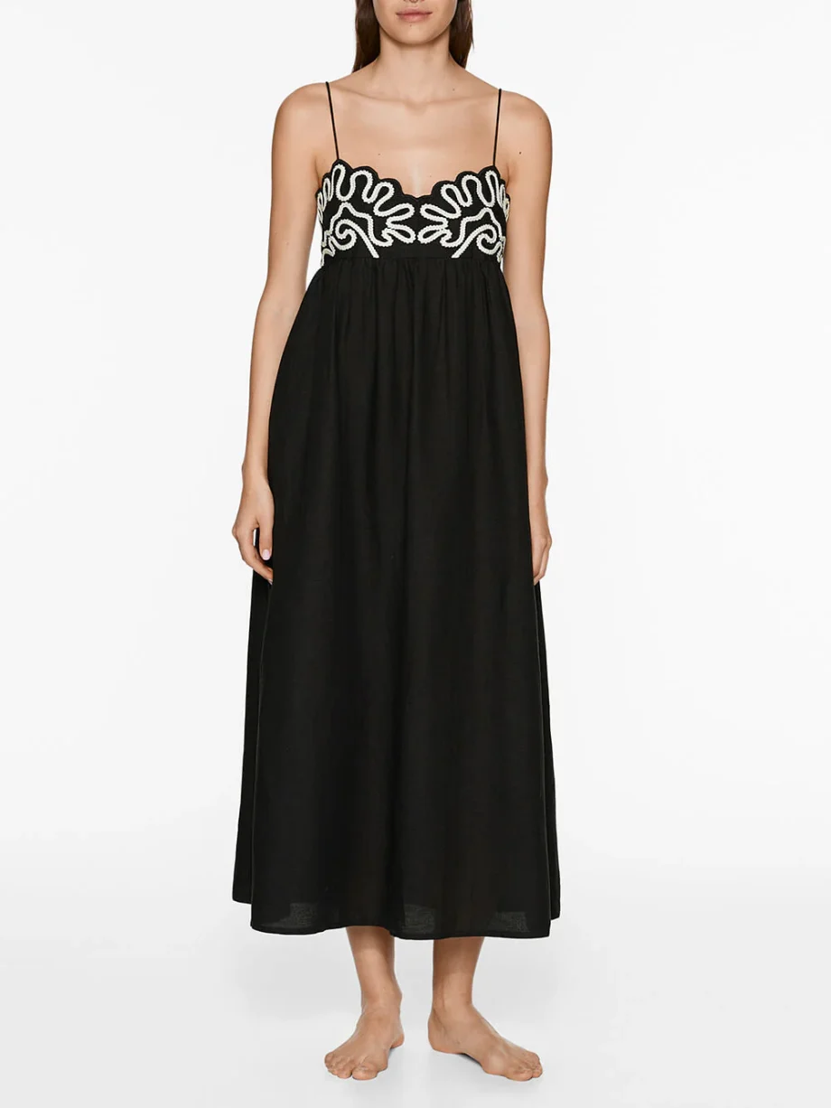 Classic Linen Floral Patchwork Suspender Midi Dress - Image 4