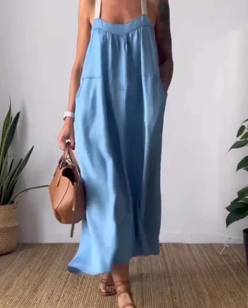 Casual cotton and linen suspender dress