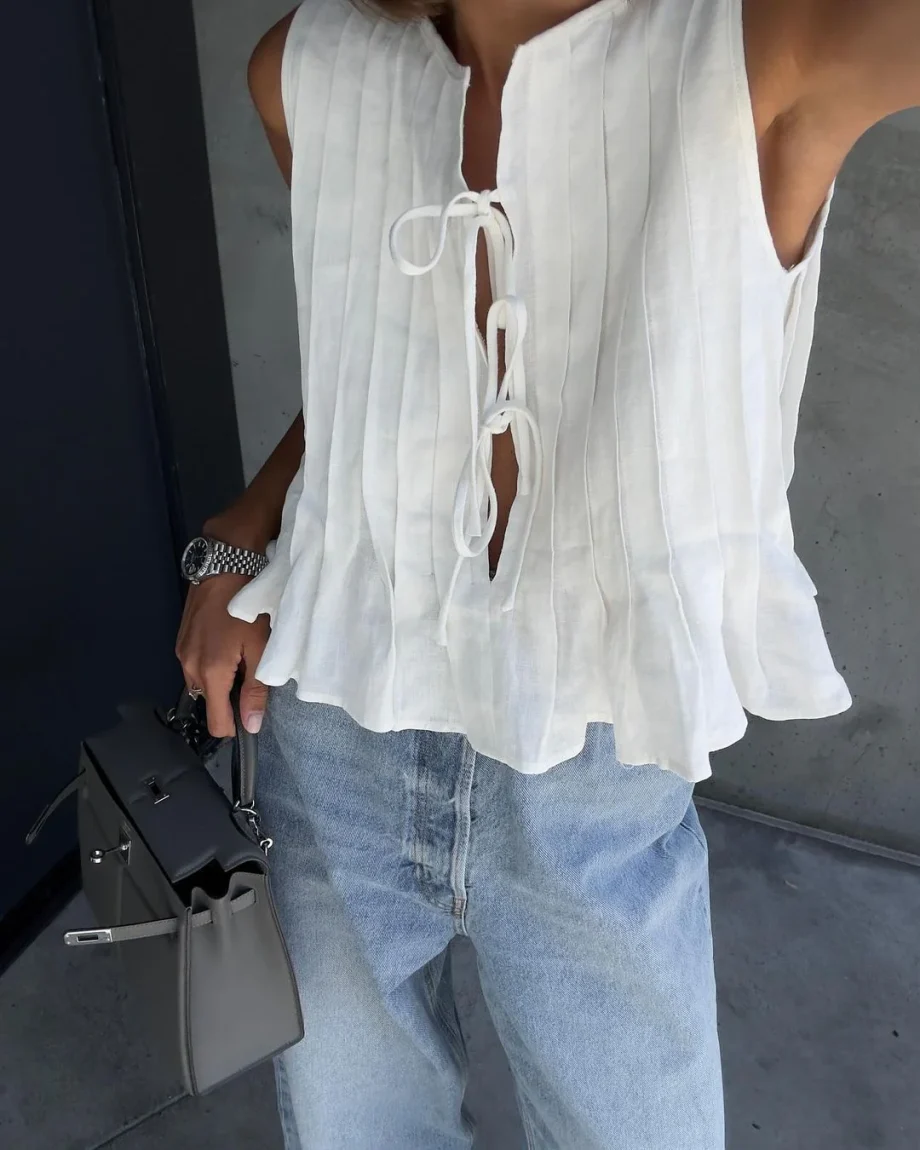 Cotton and Linen Sleeveless Tie-Strap Shirt Long Dress Set - Image 4