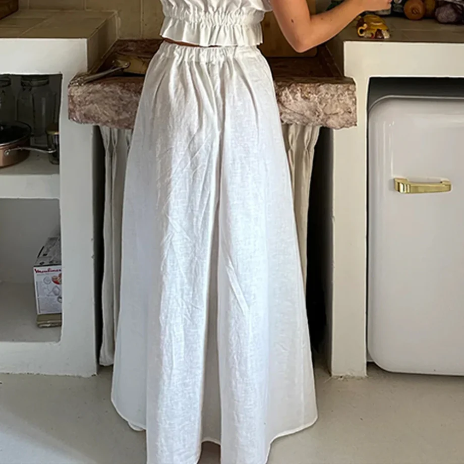 Women's Cotton and Linen Lace-up Sleeveless Vest Long Skirt Suit - Image 3