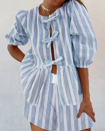 Women's Drawstring Striped Short Sleeve Shorts Set