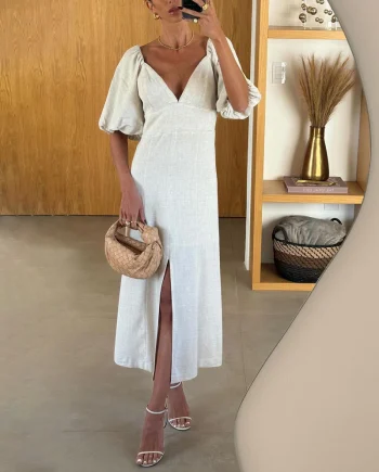 Elegant V-neck Short Sleeve Split Linen Dress