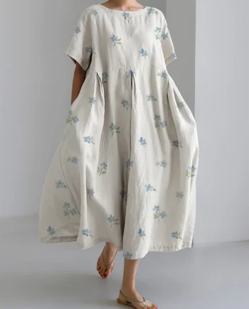 Women's Round Neck Short Sleeve Retro Floral Large Hem Dress Long Skirt