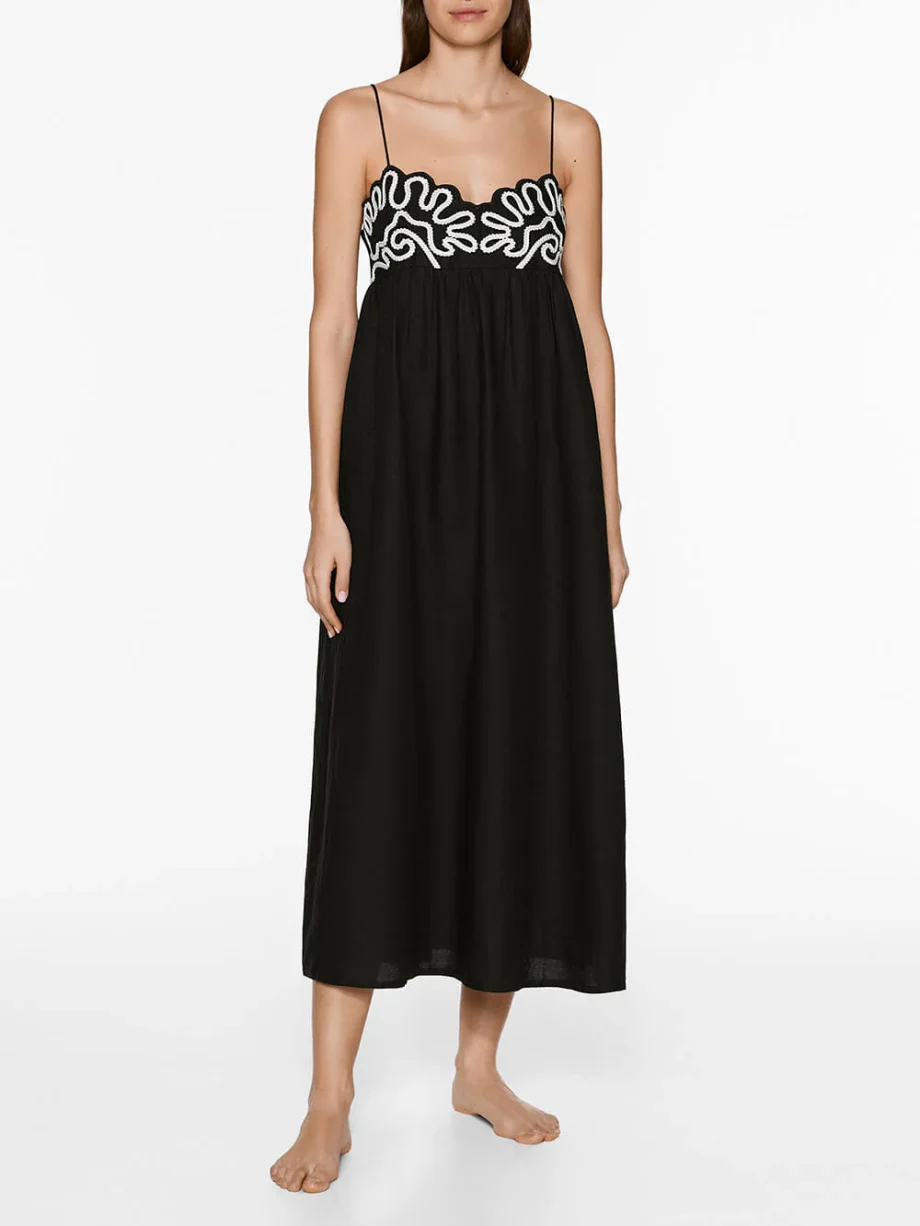 Classic Linen Floral Patchwork Suspender Midi Dress - Image 2