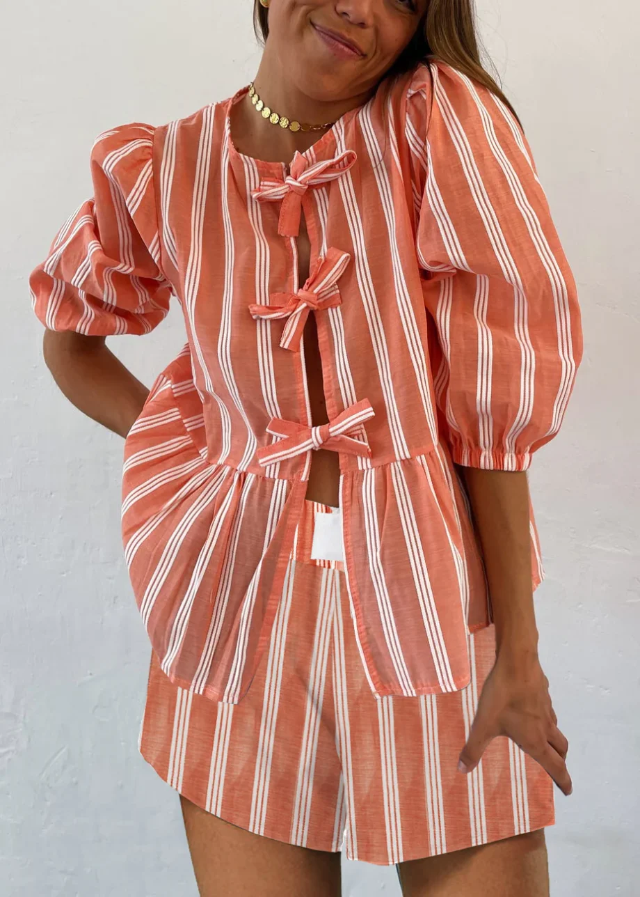 Women's Drawstring Striped Short Sleeve Shorts Set - Image 5