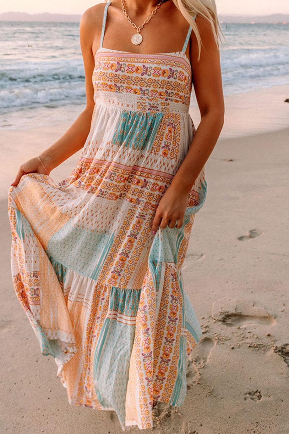 Multicolor Boho Patchwork Print Square Neck Sundress - Image 2