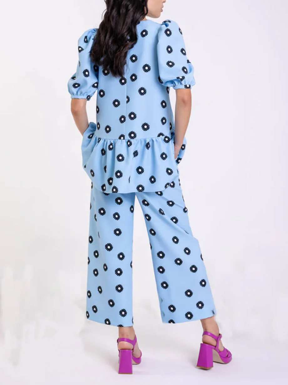 Classic Daisy Flower Top Wide Leg Pocket Pants Set - Image 3